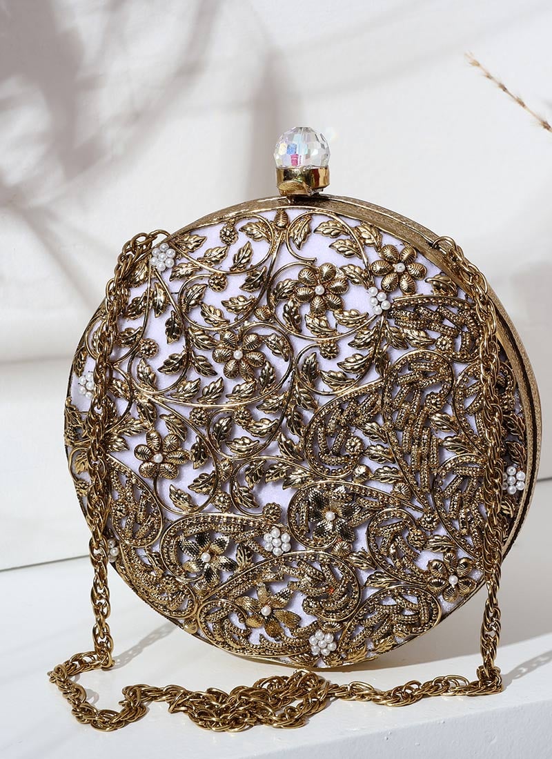 Wedding Collection White Moti Embossed Silk Clutch Party Wear