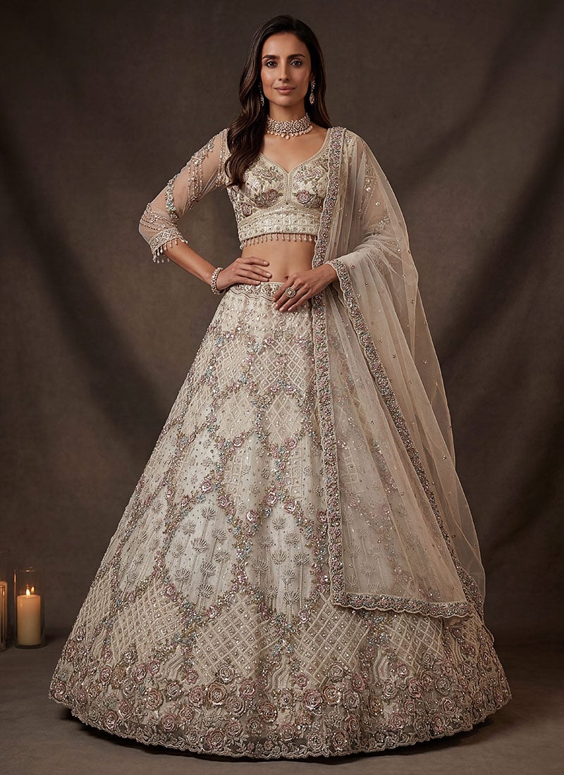 While Net Embroidery Sequence Work Lehenga Wedding Wear