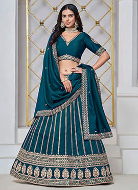 Whimsical Beauty In Teal Blue Silk Embroidered Sequins Lehenga