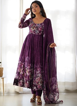 Whimsical Charm In Wine Soft Organza Floral Digital Print Anarkali Suit