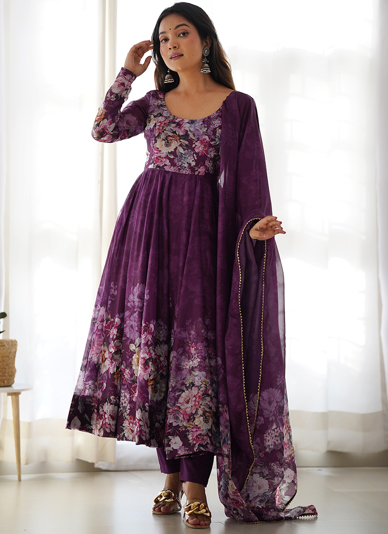 Whimsical Charm In Wine Soft Organza Floral Digital Print Anarkali Suit After Six Wear