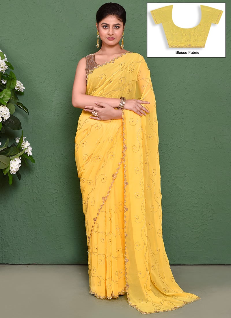 Whispers Of EleganceYellow Faux Georgette Hand Work Saree Wedding Wear-SADSF7733