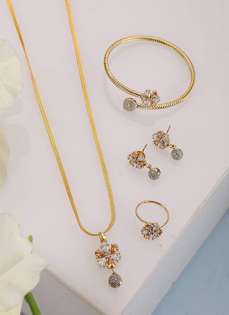 White American Diamond Golden Plated Pendant Set