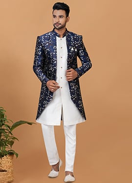 White And Blue Art Silk Jacquard Indowestern Sherwani
