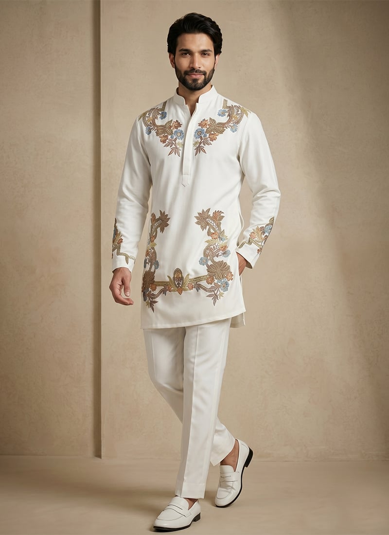 White Armani Embroidered Kurta Pyjama Festive Wear
