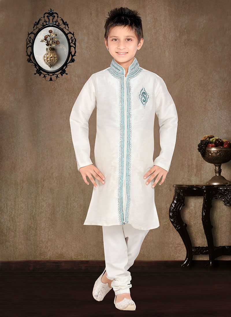 White Art Dupion Silk Kids Kurta Pyjama