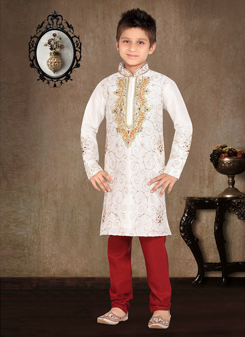 White Art Dupion Silk Kids Kurta Pyjama