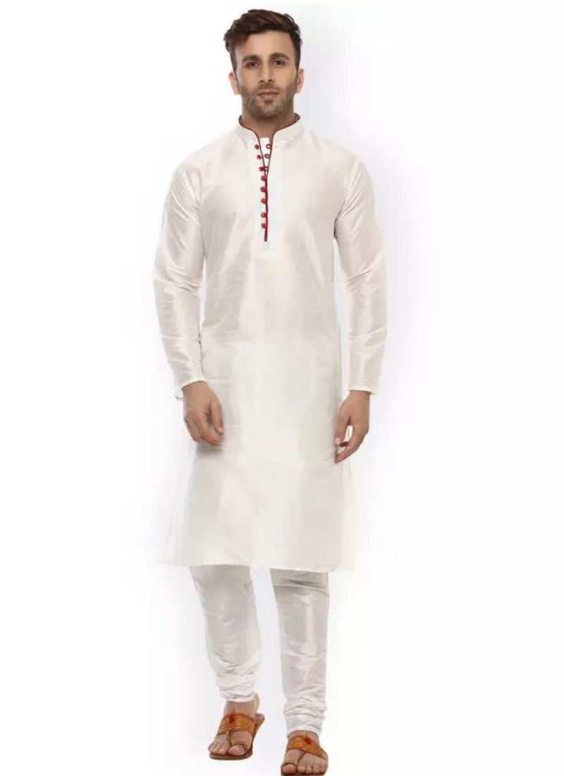 White Art Dupion Silk Kurta Pyjama Set