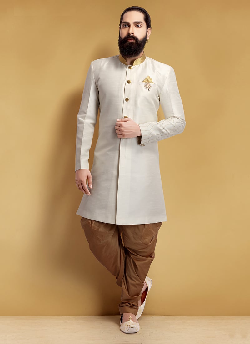 White Art Silk Embroidered Indowestern Sherwani Wedding Wear