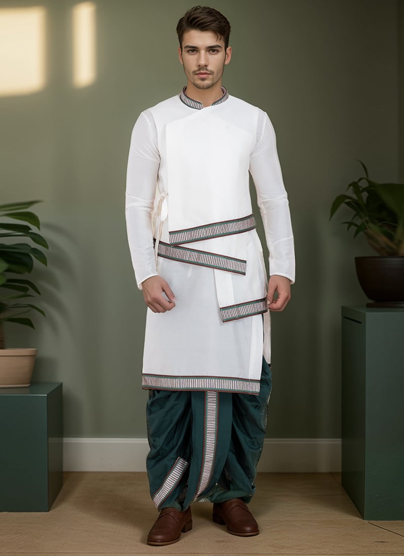 White Banarasi Dhupion Silk Dhoti Style Kurta Pyjama For Men Festive Wear