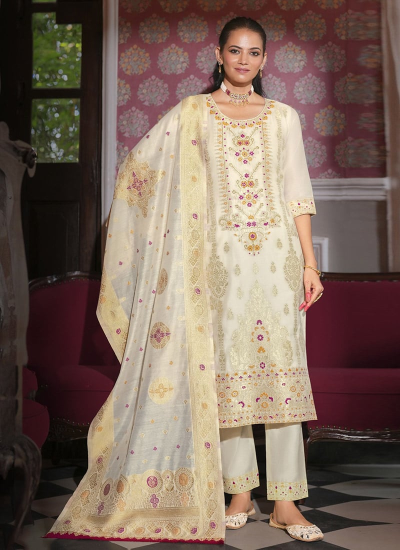 White Banarasi Jacquard Silk Straight Pant Suit Festive Wear