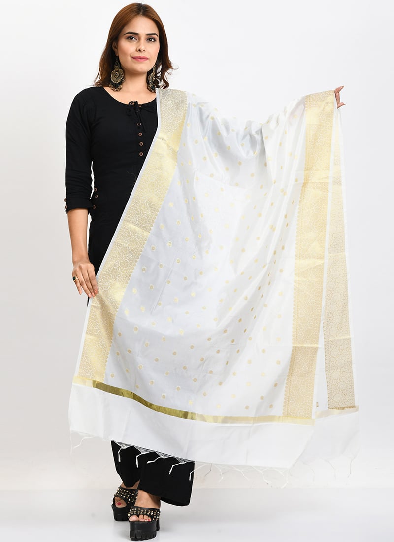 White Banarasi Silk Weaving Work Dupatta Work Wear