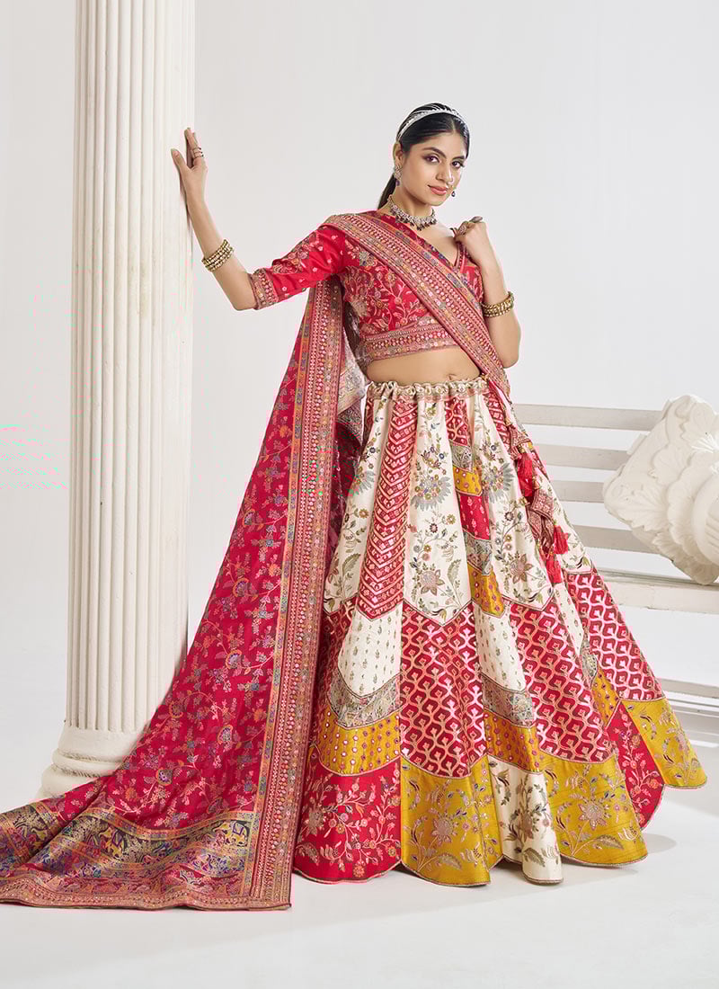 White Banarasi Silk Zari Embroidered Sequins Stone And Gota Work Lehenga Wedding Wear