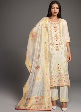 White Banarasi Zari Jacquard Silk Straight Pant Suit