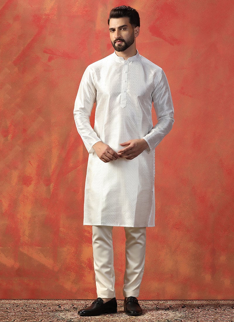 White Banglory Silk Embroidered Kurta Pyjama Festive Wear