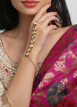 White Beads And Kundan Gold Plated Hand Harness Bracelet