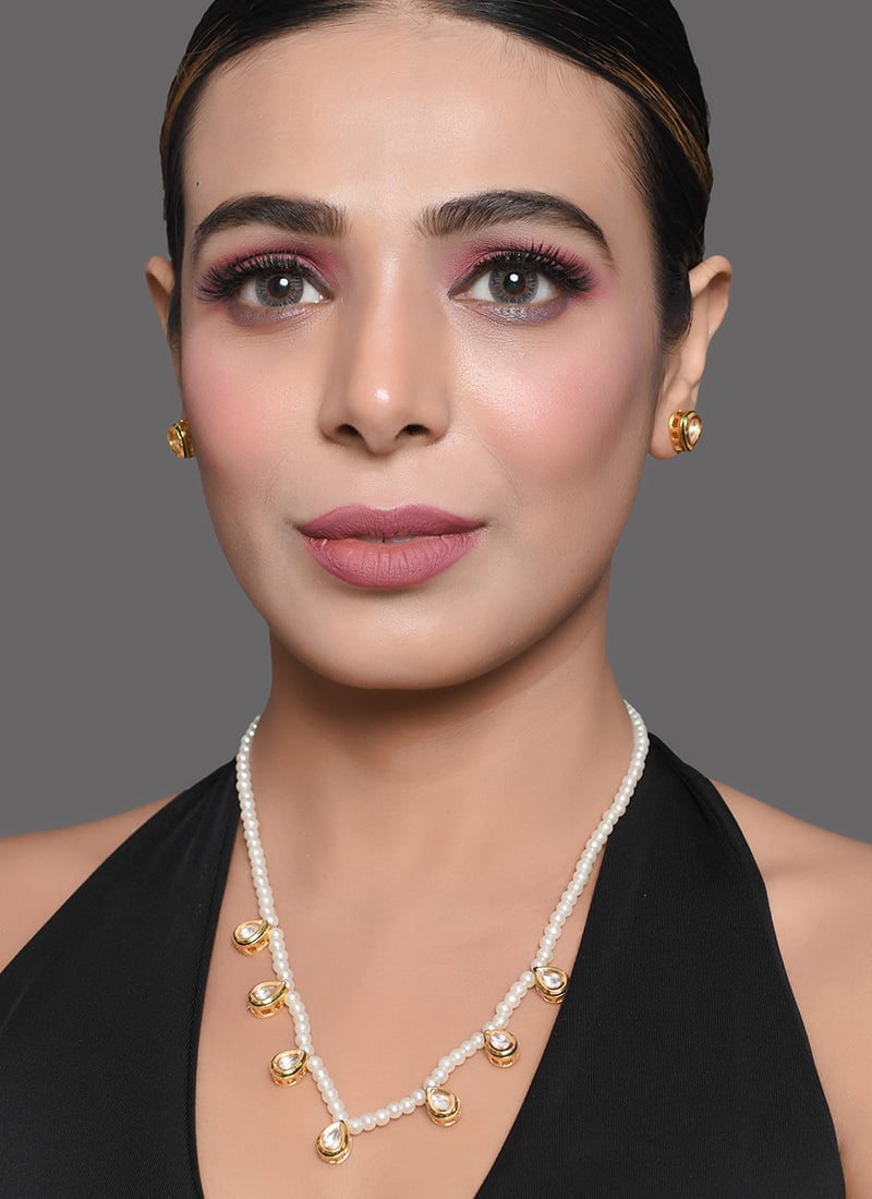 White Beads N Kundan Necklace Set Party Wear
