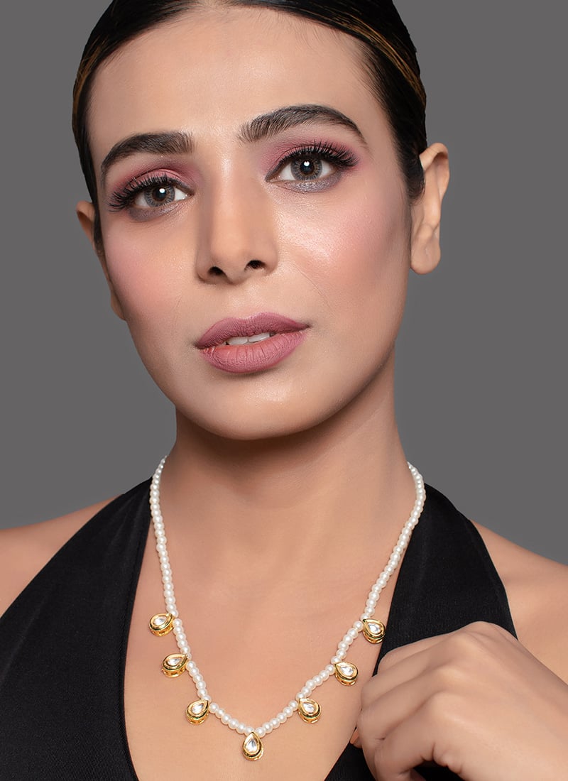 White Beads N Kundan Necklace Set Party Wear