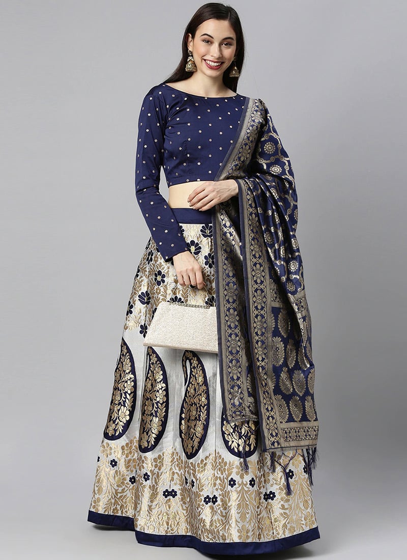 White Benarasi Silk Brocade A Line Lehenga Choli