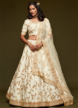 White Benarasi Silk Embroidered N Sequins Umbrella Lehenga