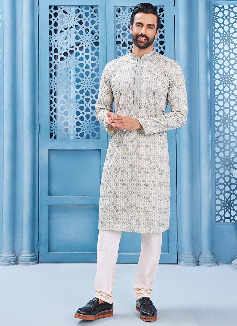 White Blended Cotton Chikankari Kurta Pyjama Festive Wear