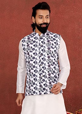 White Blended Cotton Floral Printed Nehru jacket