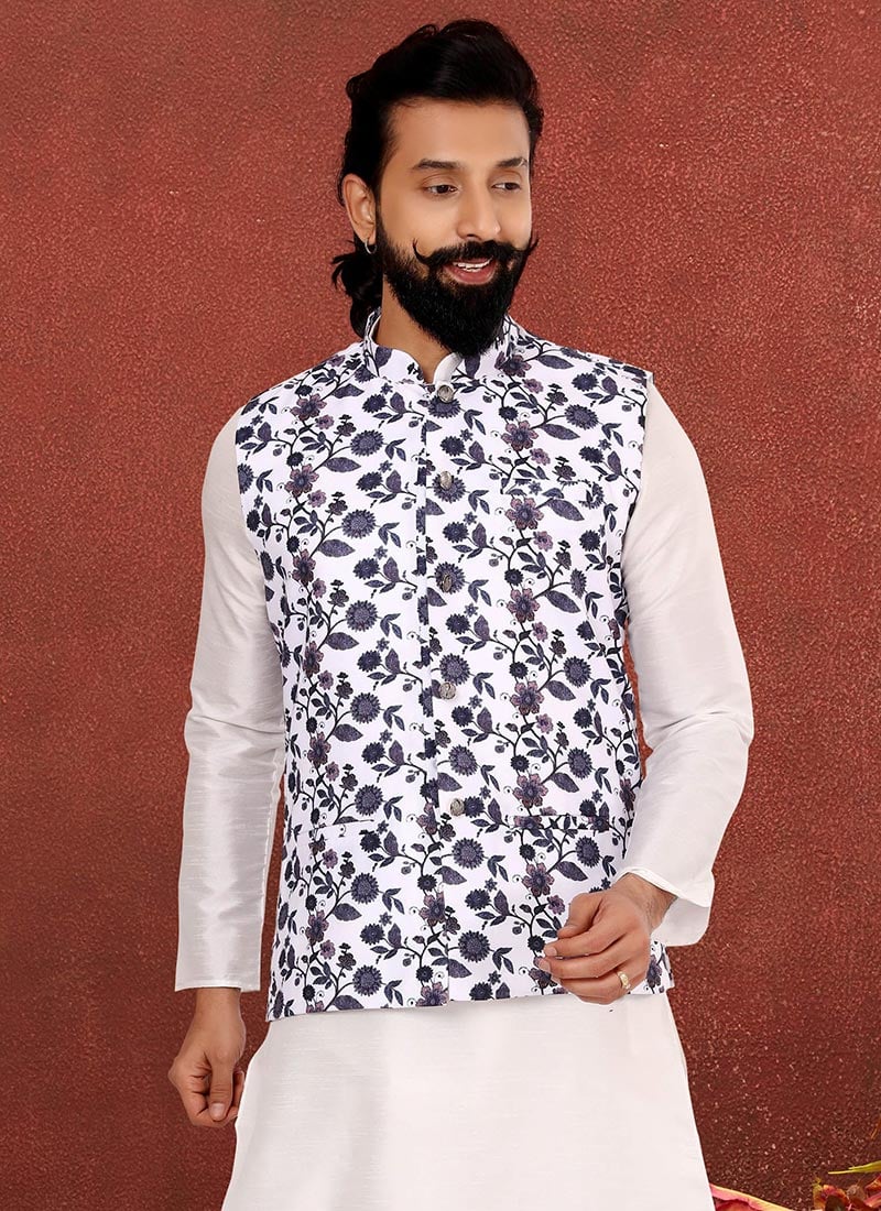 White Blended Cotton Floral Printed Nehru jacket