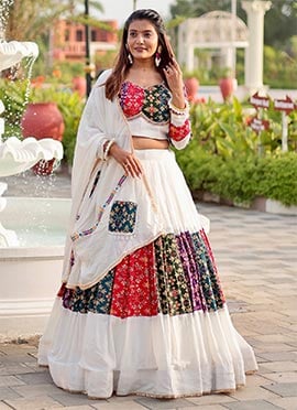 White Blended Cotton Ikat Print Chaniya Choli Festive Wear