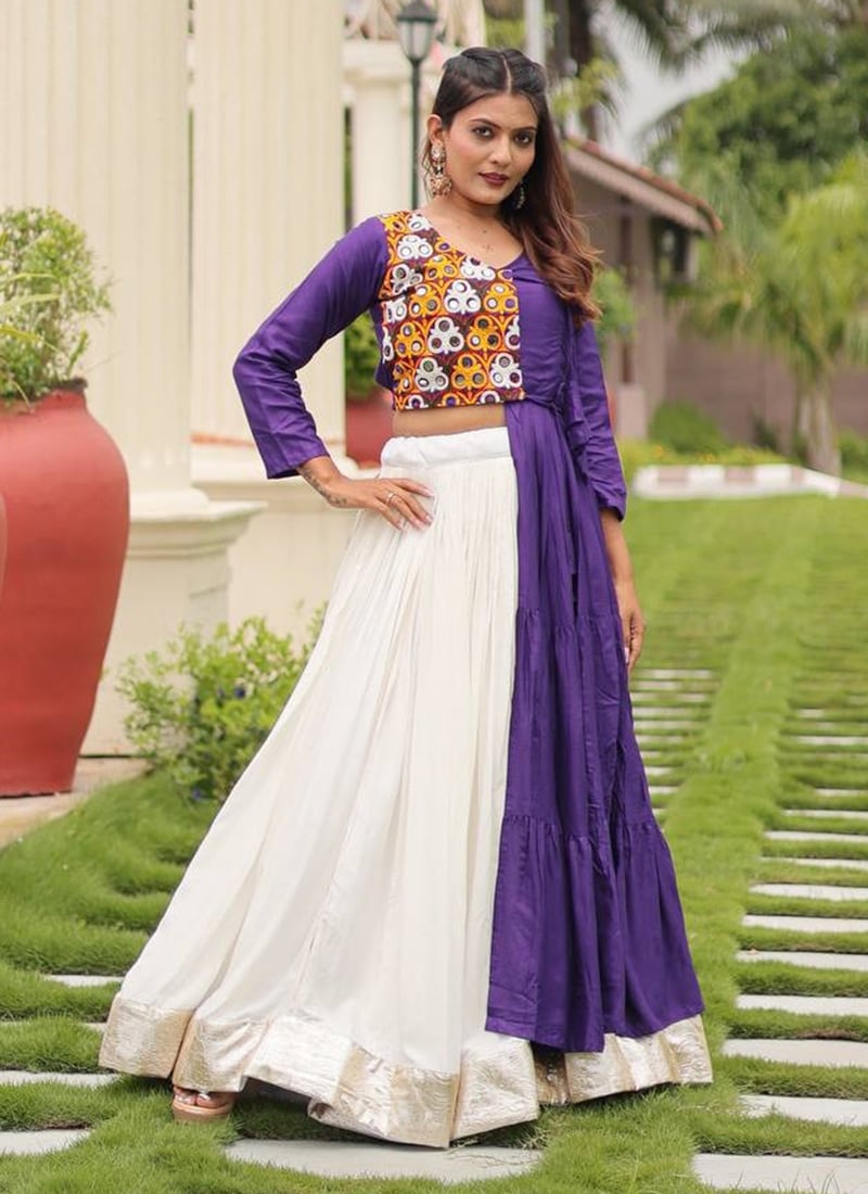White Blended Cotton Mirror Work And Kutch Work Indowestern Sets and Suits Festive Wear