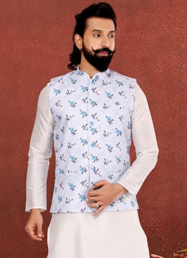 White Blended Cotton Printed Nehru jacket