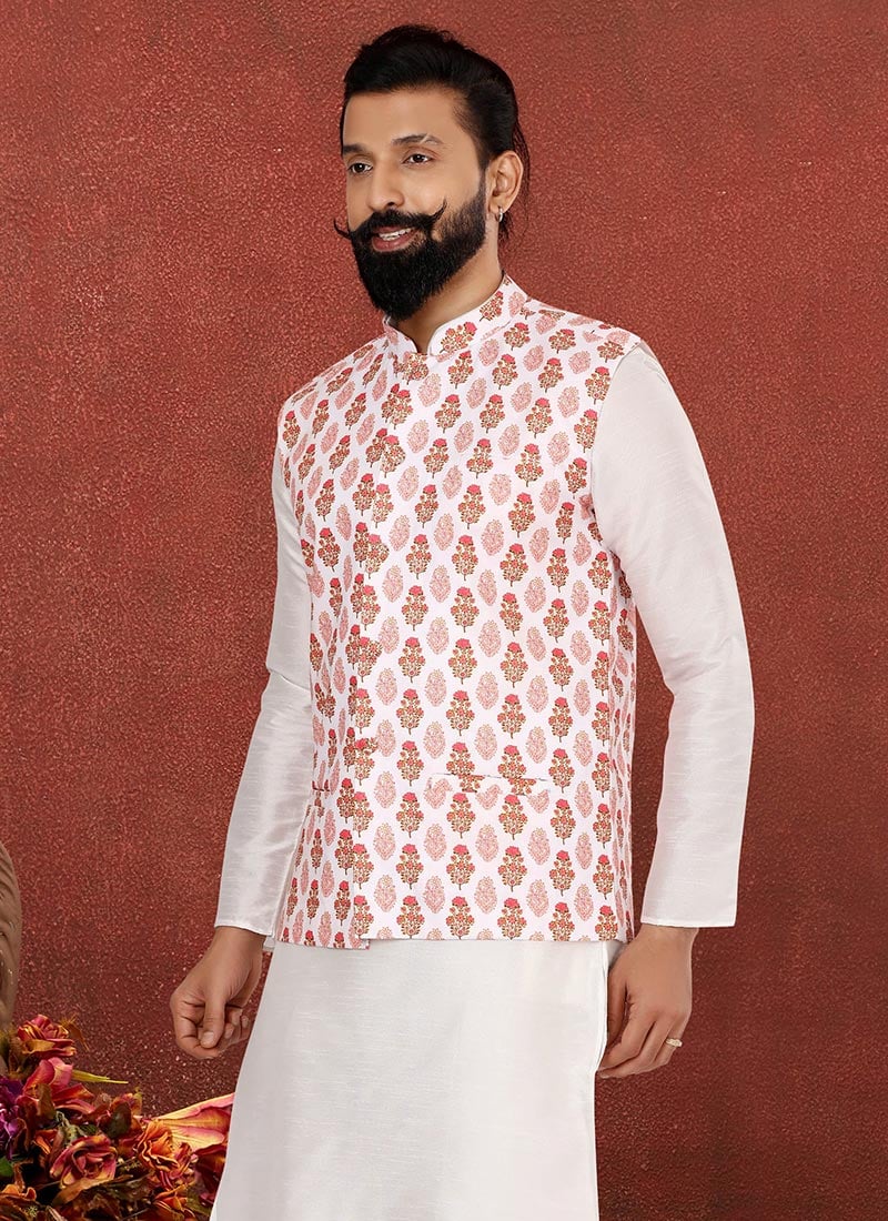 White Blended Cotton Printed Nehru jacket