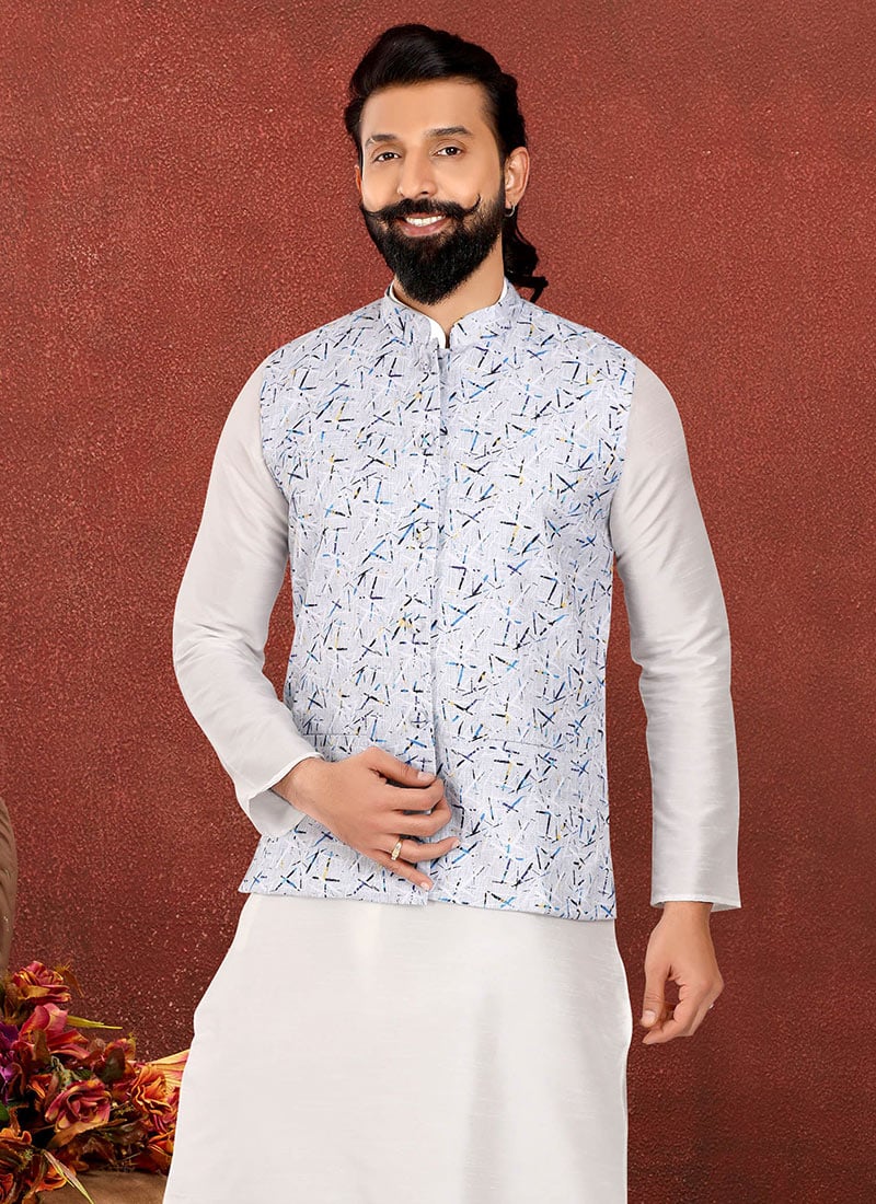 White Blended Cotton Printed Nehru jacket
