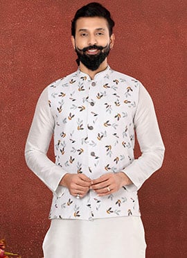 White Blended Cotton Printed Nehru jacket