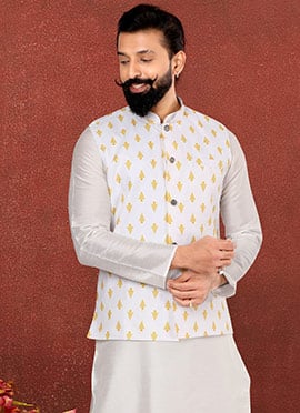 White Blended Cotton Printed Nehru jacket