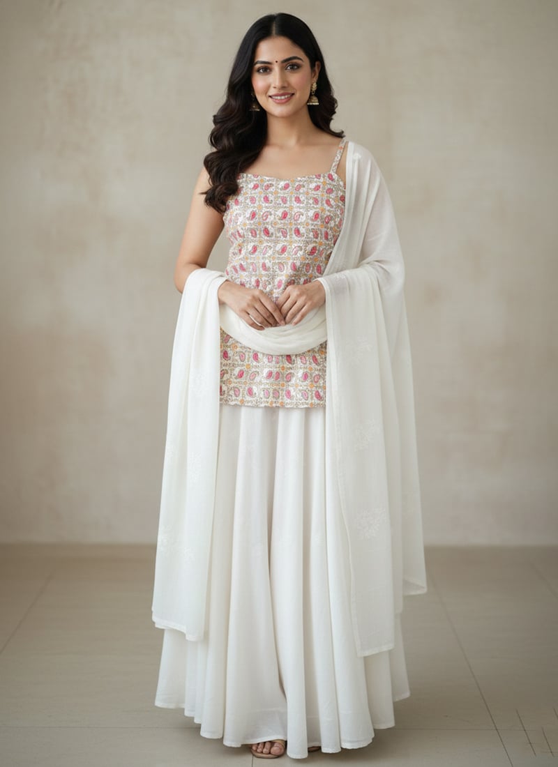 White Brocade Jacquard Palazzo Suit Festive Wear