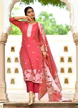 White Chanderi Cotton Foil Print  And Gota Straight Pant Suit