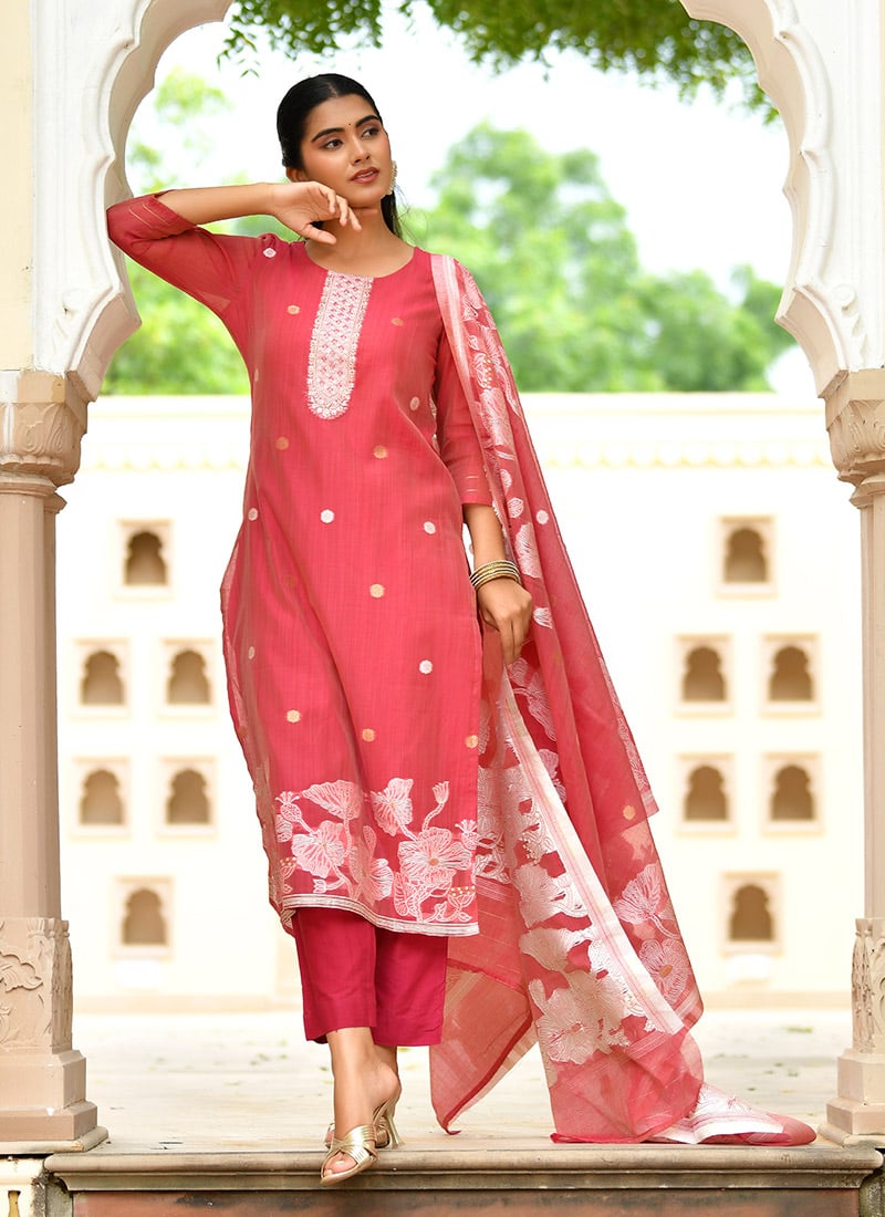 White Chanderi Cotton Foil Print  And Gota Straight Pant Suit After Six Wear