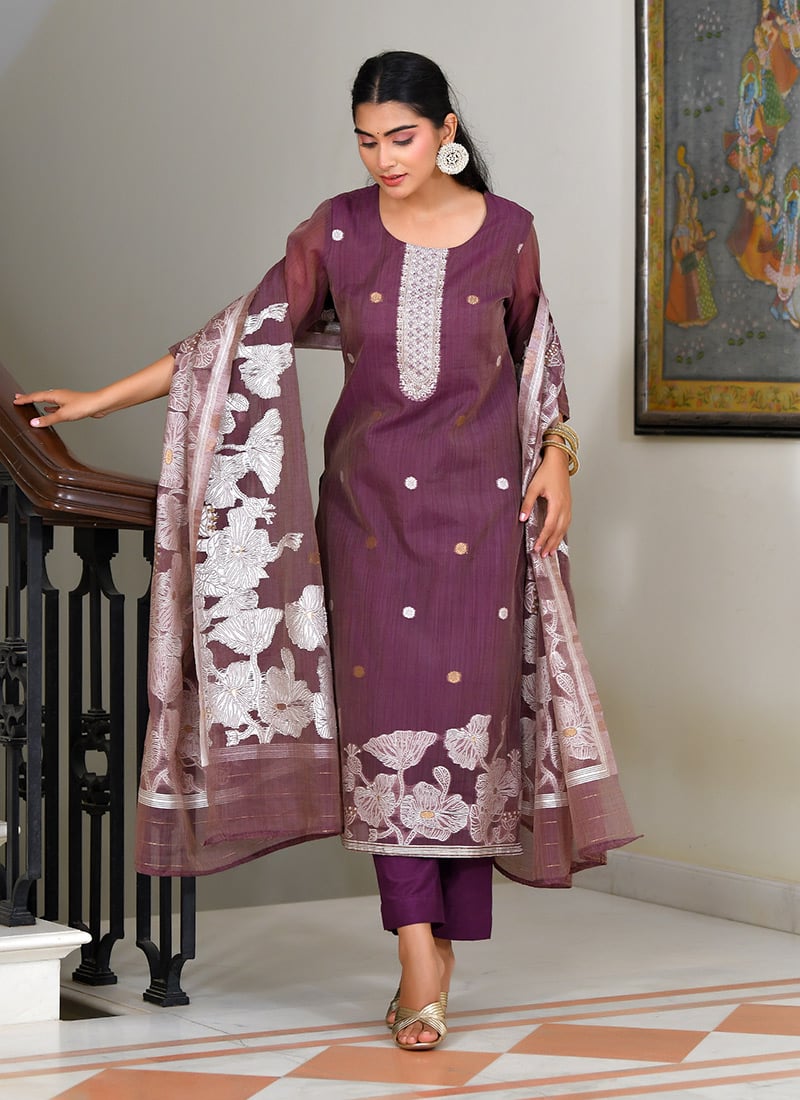 White Chanderi Cotton Foil Print  And Gota Straight Pant Suit After Six Wear