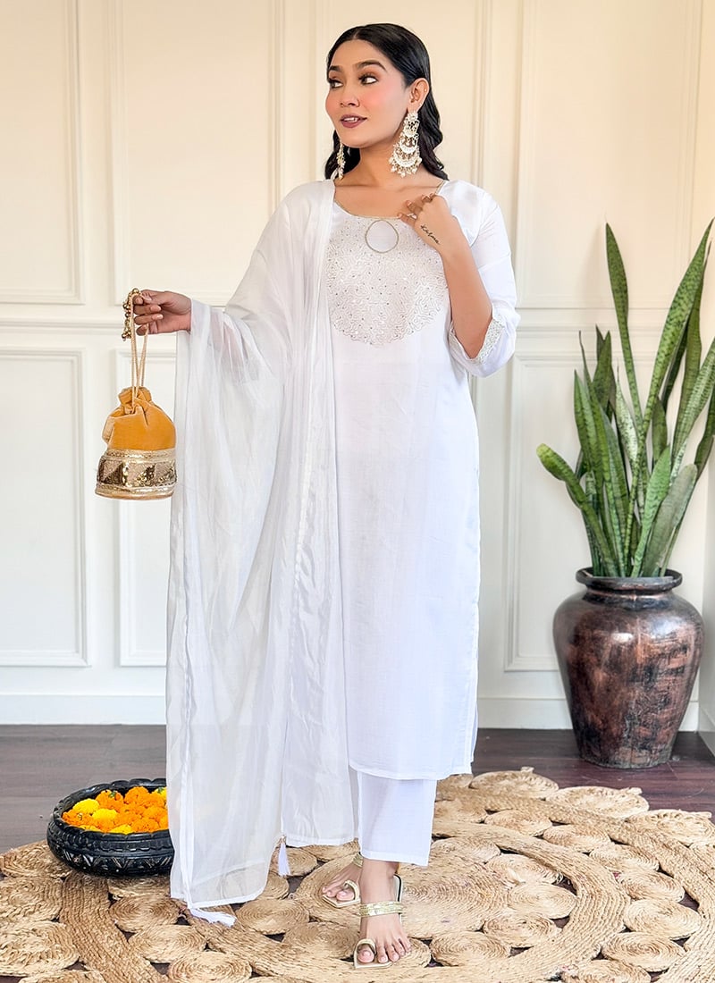 White Chanderi Embroidered Sequins Straight Pant Suit Festive Wear