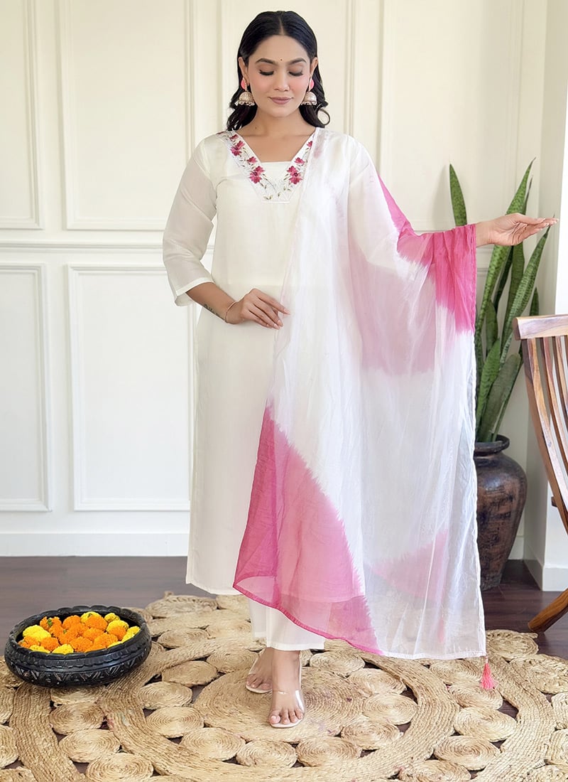 White Chanderi Embroidered Straight Pant Suit