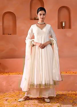 White Chanderi Gota And Mirror Work Anarkali Suit