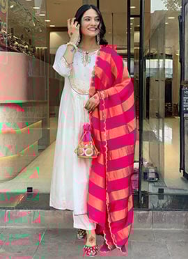 White Chanderi Sequins Jacquard Anarkali Suit