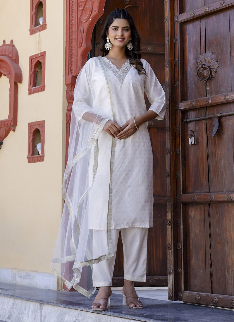 White Chanderi Silk Embroidered Sequins Straight Pant Suit After Six Wear