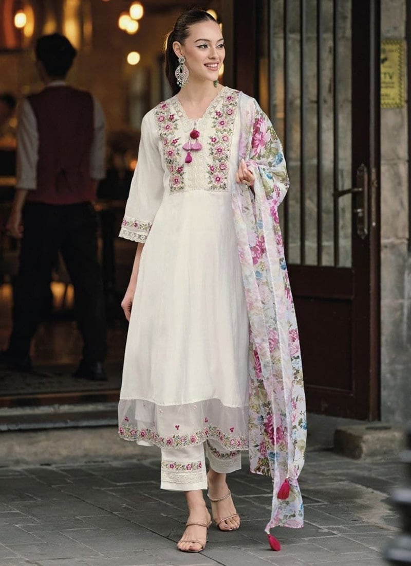 White Chanderi Silk Embroidered Sequins Straight Pant Suit With Digital Print Dupatta