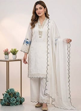 White Chanderi Silk Embroidered Sequins With Cutwork Palazzo Suit