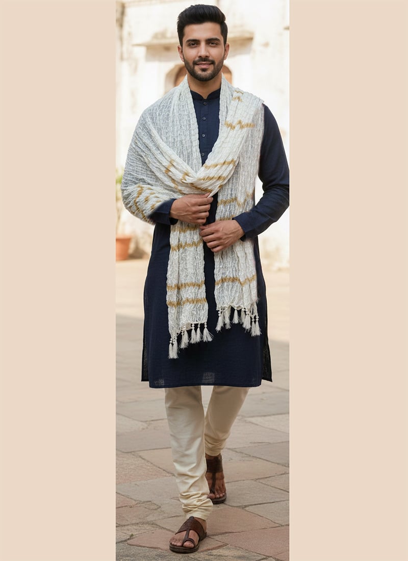 White Chanderi Silk Zari Mens Stole