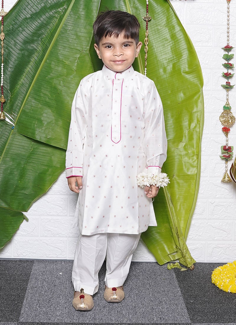 White Chanderi Zari Work Kids Boys Kurta Pyjama Festive Wear