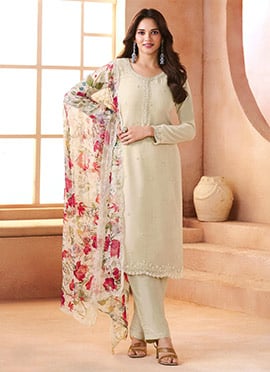 White Chiffon Embroidered Sequins Straight Pant Suit