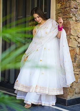 White Chiffon Gota Work Anarkali Palazzo Suit