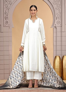 White Chiffon Zari Digital Print Anarkali Suit Festive Wear